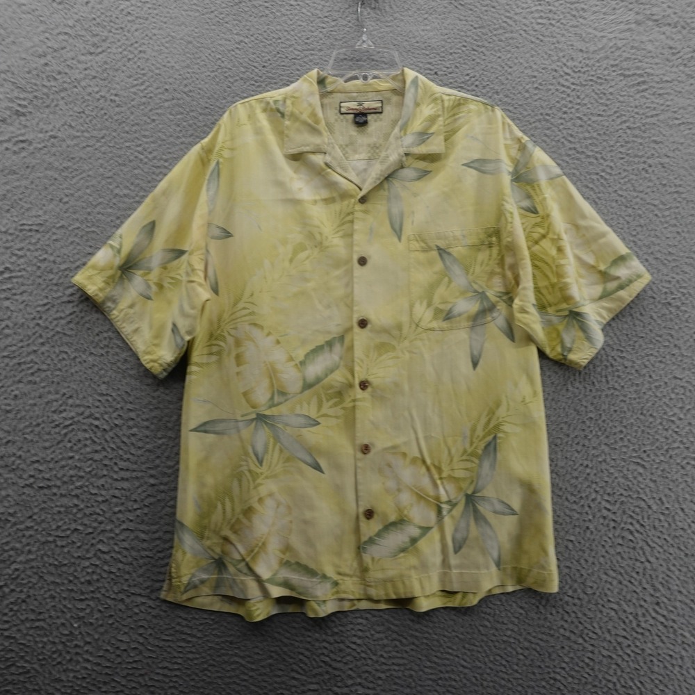 Tommy Bahama Pure Silk Button Down Hawaiian Shirt Large Yellow Mens Palms